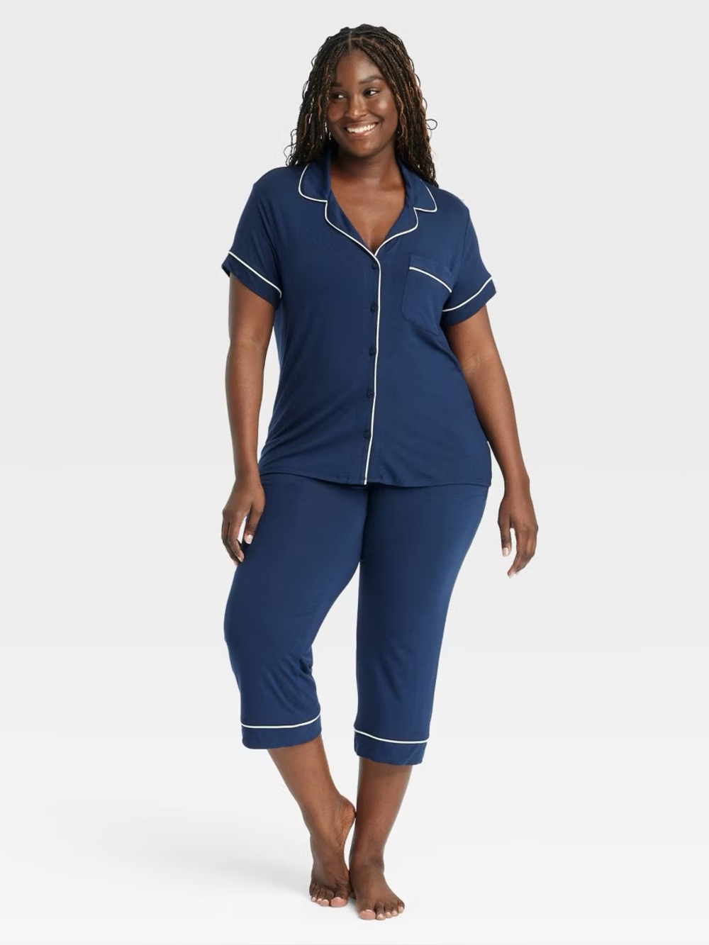 Auden Women's Cloud Knit Modal Short Sleeve Notch Collar Top and Capri Pants